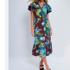 Tuckernuck Merlot sharp floral Multicolor ruffle Maxi Dress- size Large